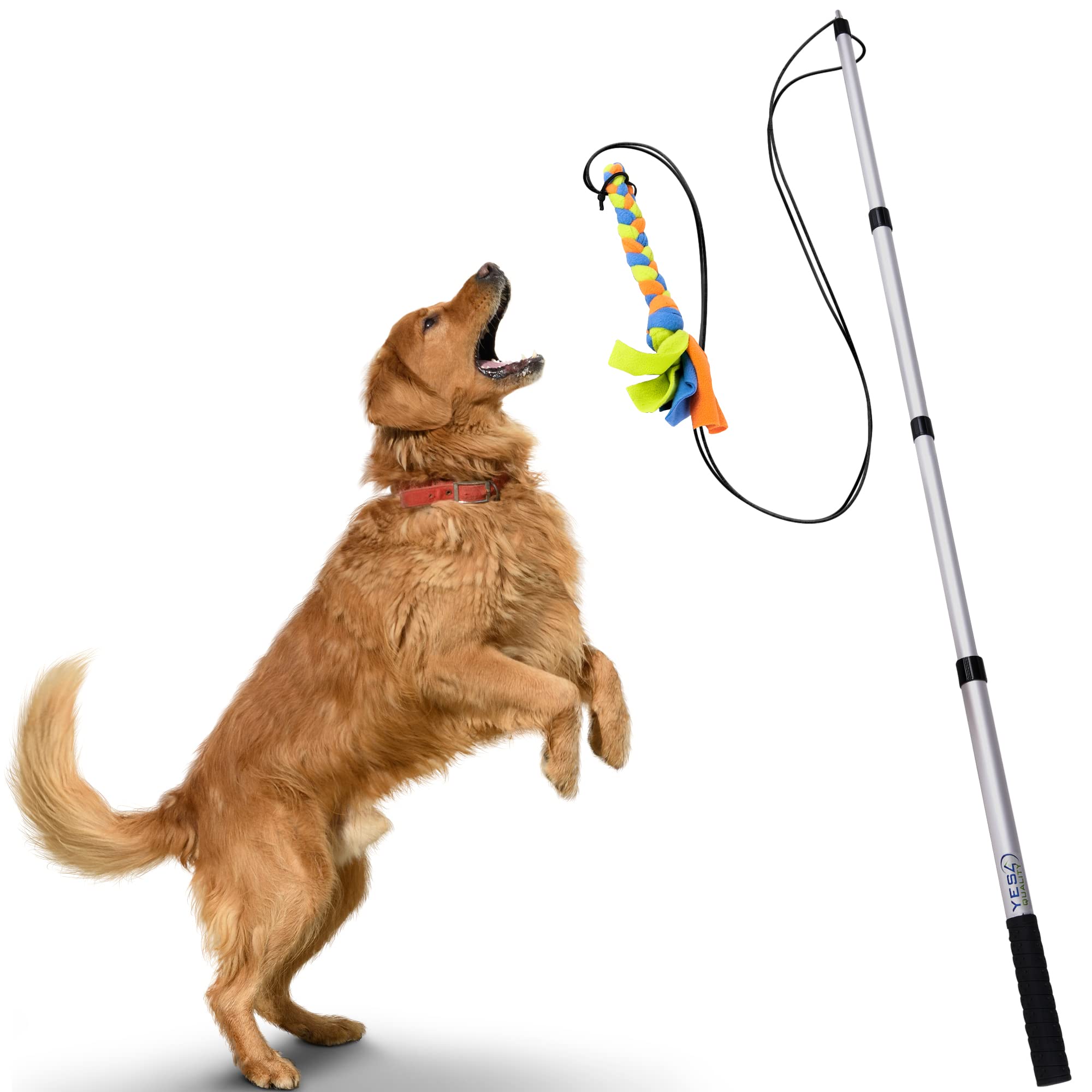 YES4QUALITY Flirt Pole for Dogs with Safe & Strong Non-Bungee Cord - Telescopic Lure Stick for Dogs of Any Size - Dog Toy for Fun Obedience Training & Exercise - Braided Fleece Toy Pre-Attached
