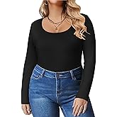 IN'VOLAND Women's Plus Size Long Sleeve Shirts Scoop Neck Slim Fitted T Shirt Stretchy Bodycon Basic Tee Tops