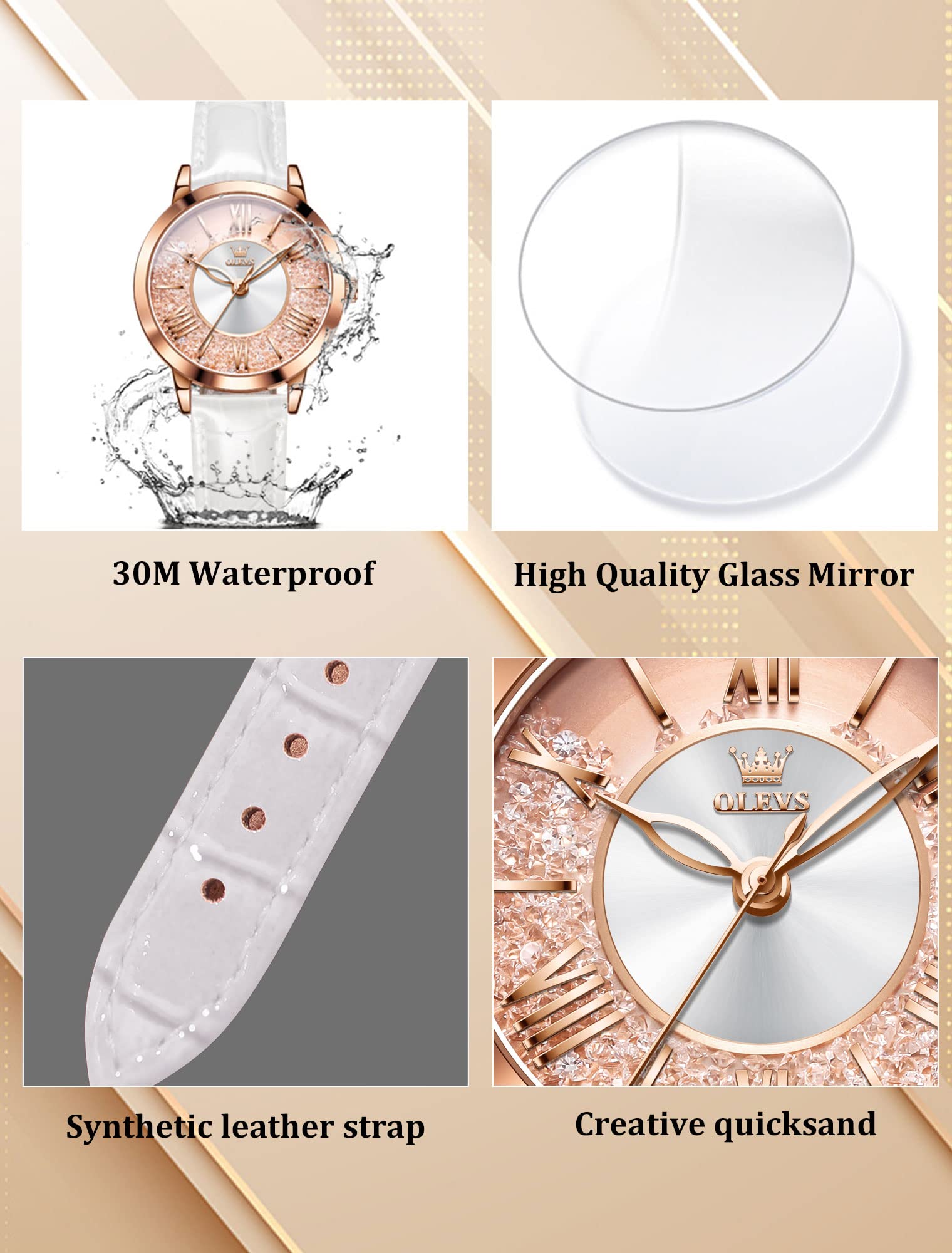 OLEVS Leather Watch for Women Classic Vintage Women Watches Roman Numerals Ladies Dress Watch Waterproof Analog Quartz Womens Wrist Watches Relojes para Mujer Pink, Red, White Leather Strap