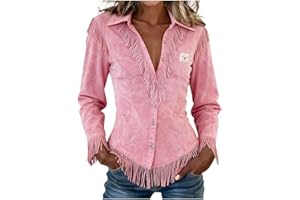 Western Suede Fringe Jacket for Women Retro Tassel Long Sleeve Cowgirl Button Down Outfits for Country Concert & Rodeo