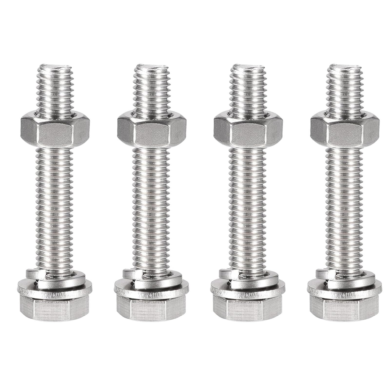 Boxonly M10x60mm Hex Head Screws Bolts, Nuts, Flat & Lock Washers Kits, 304 Stainless Steel Fully Thread Hexagon Bolts 4 Sets