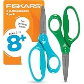 Fiskars 6" Big Kids Scissors for School, Ages 8+, Blue &amp; Green, 2-Pack | Scissors with Safety Edge Blades for School or Crafting, Ergonomic Handles Designed for Growing Kids, Back to School Supplies
