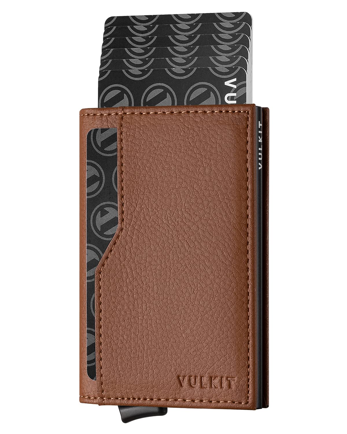 VULKIT Credit Card Holder with Double ID Window Leather Passcase Wallet RFID Blocking Automatic Pop Up Card Wallet for Cards & Notes