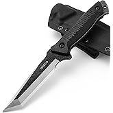 Omesio Tanto Fixed Blade Knife with Kydex Sheath, Outdoor Survival Knife, Tactical Knife Full Tang 420 Stonewashed Steel G10 Handle, Camping Hiking Gifts for Men (Black)