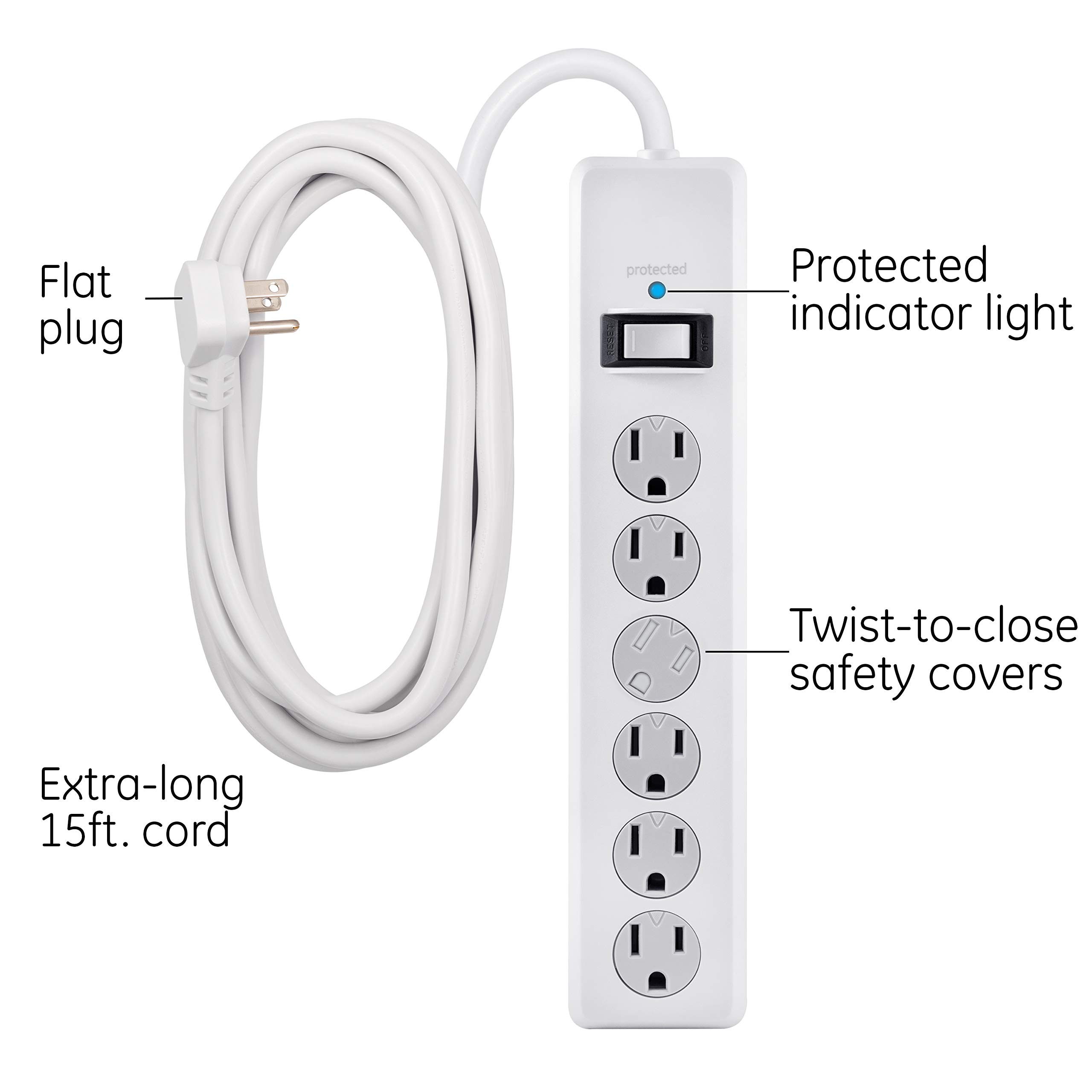 GE 6-Outlet Surge Protector, 4 Pack, 15 Ft Extension Cord, Power Strip, 800 Joules, Flat Plug, Twist-to-Close Safety Covers, Protected Indicator Light, UL Listed, White, 54651