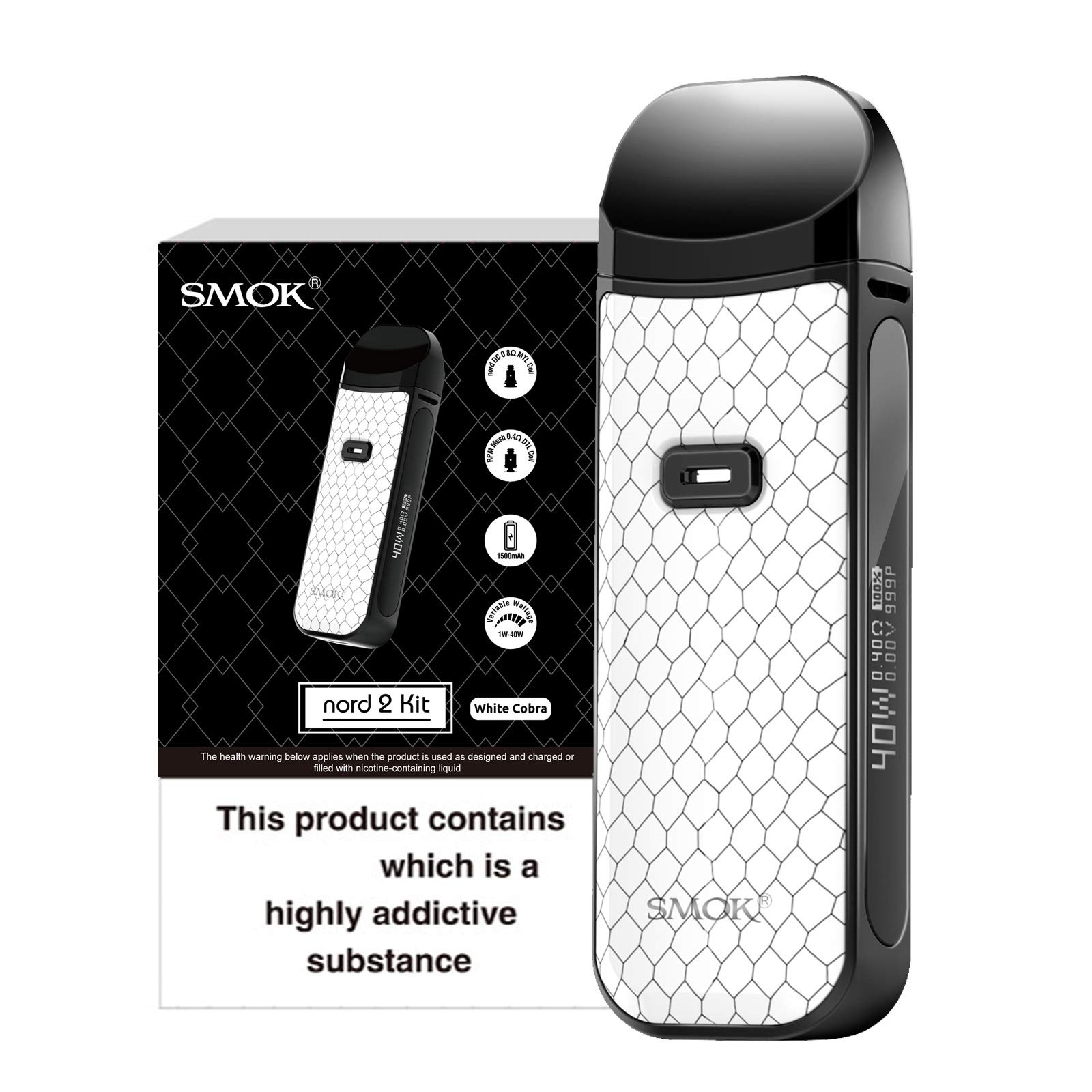 SMOK NORD 2 Vape Kit [White] - Rechargeable 1500mAh Battery, Design and Build Quality, Dual Pods Compatible (Nord & RPM Coils), MTL/DTL Vaping, OLED Screen, E Cigarette, No Nicotine No Liquid