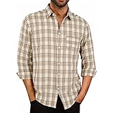 BAYAMO Men's Button-Down Plaid Shirts Casual Long Sleeve Cotton Linen Shirts for Men Fashion Business Shirt
