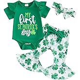 Amiblvowa Newborn My First St Patrick's Day Baby Girl Outfit Short Sleeve Romper Shamrock Flared Pants Set Infant Clothes
