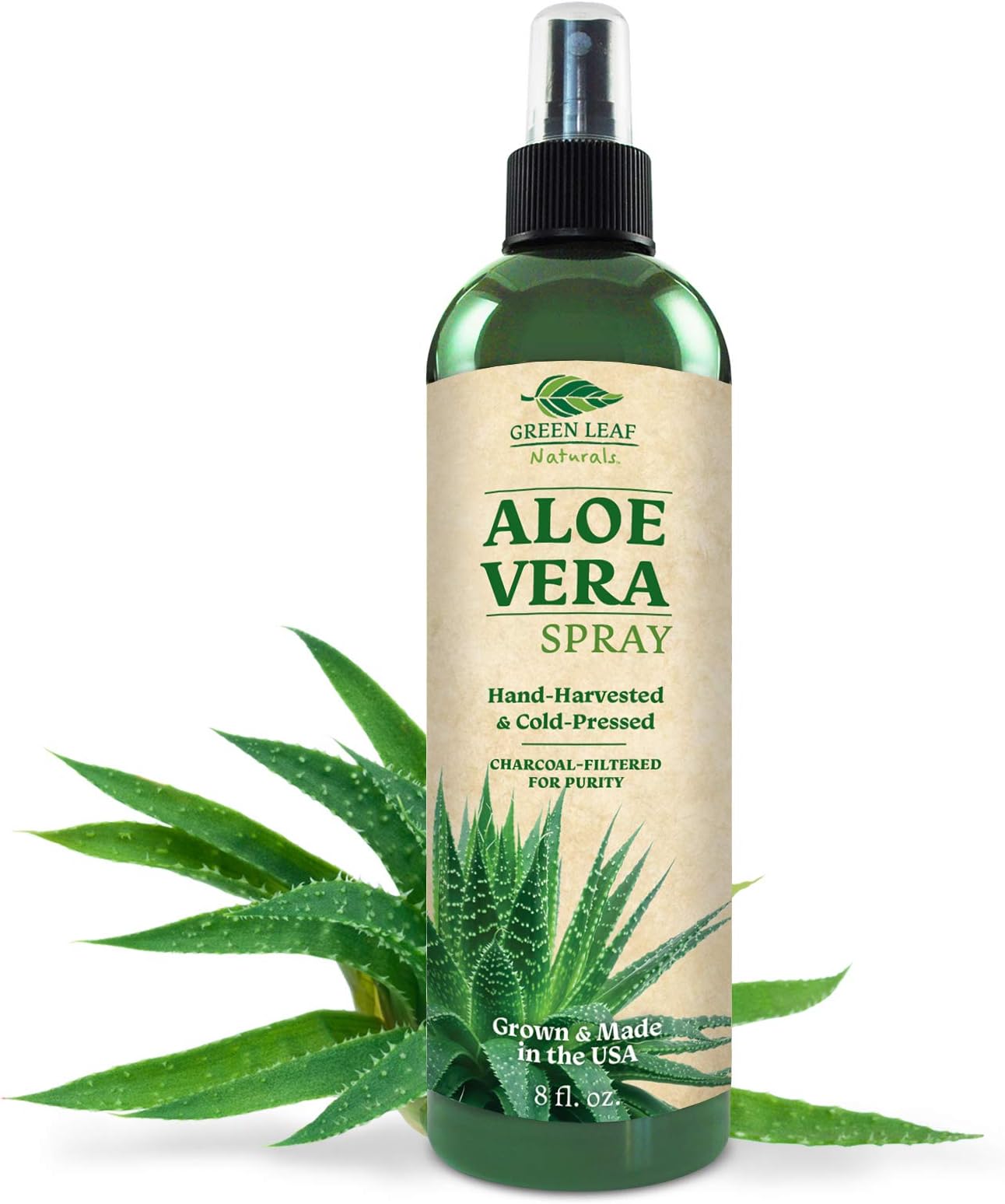 Green Leaf Naturals Organic Aloe Vera Gel Spray for Skin, Hair, Face, After Sun Care and Sunburn Relief - 99.8% Organic - 100% Pure and Natural Skin Care Moisturizer - Unscented, 8 ounces