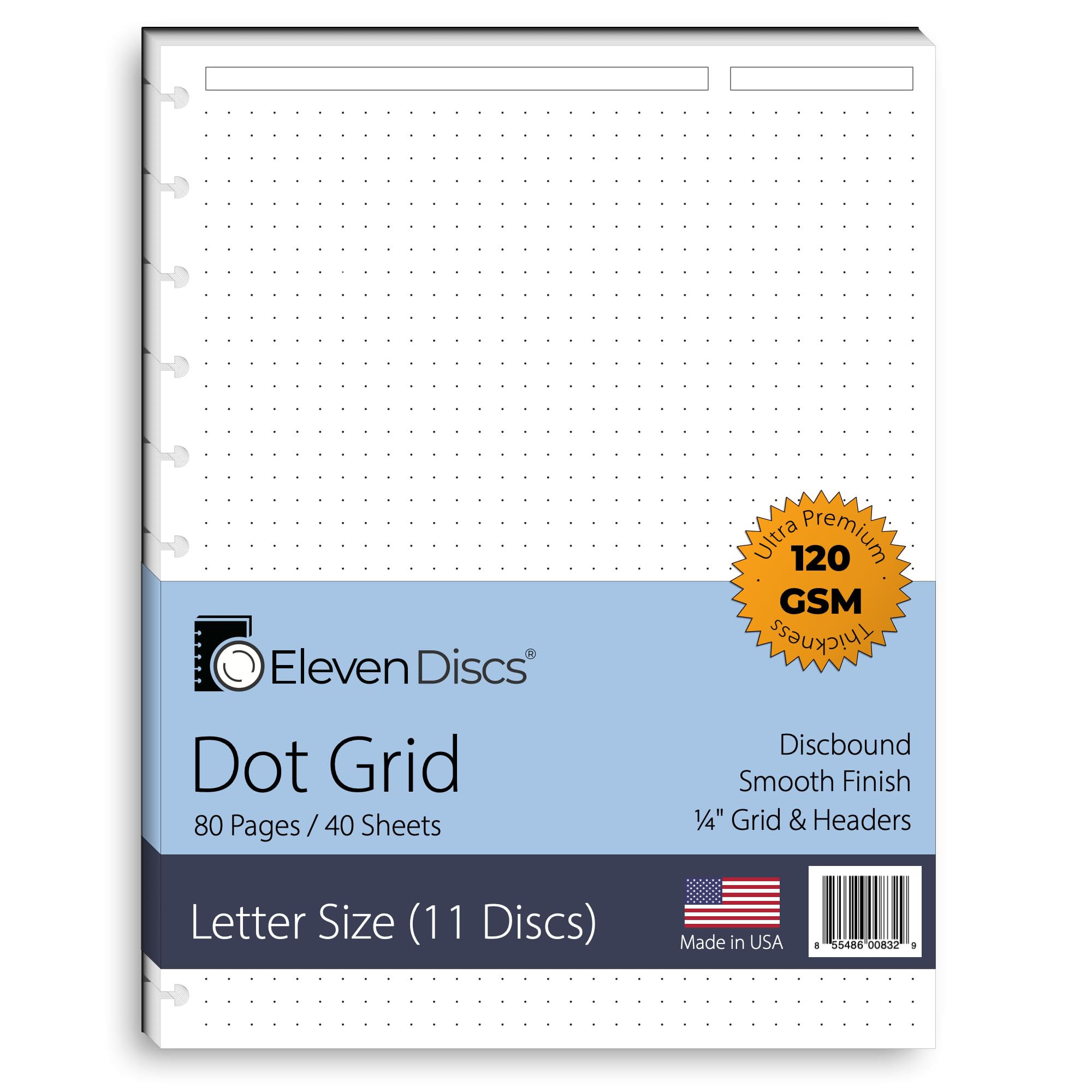 Eleven Discs Letter Dot Grid Sheets, Premium Heavyweight Discbound Notebook Paper Refills Punched for Circa, Arc, TUL (40 Sheets)