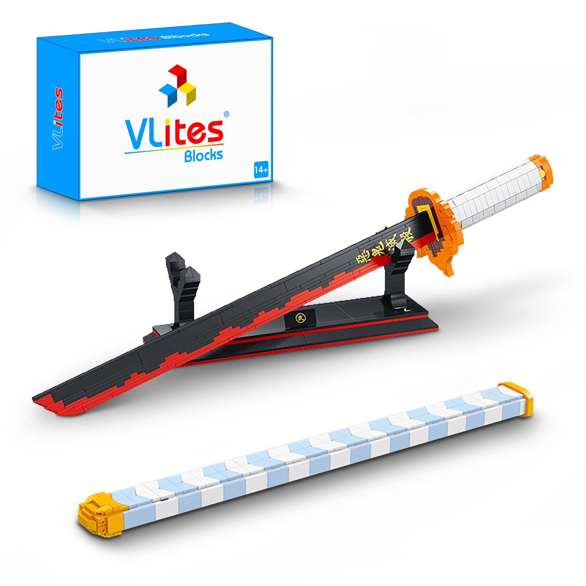 VLites Anime Sword Building Block Models, MOC Cosplay Samurai Katana Rengoku Kyoujurou Sword Building Blocks Kit, with Scabbard and Bracket (1503)