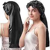 YFONG Double-Layered 100% Pure Mulberry Silk Bonnet for Long Hair, 22 Momme Silk Hair Bonnet for Sleeping with Elastic Tie Band, Real Silk Sleep Cap for Women Long Curly Hair, Black