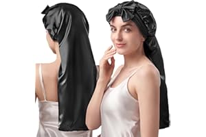 YFONG Double-Layered 100% Pure Mulberry Silk Bonnet for Long Hair, 22 Momme Silk Hair Bonnet for Sleeping with Elastic Tie Band, Real Silk Sleep Cap for Women Long Curly Hair, Black