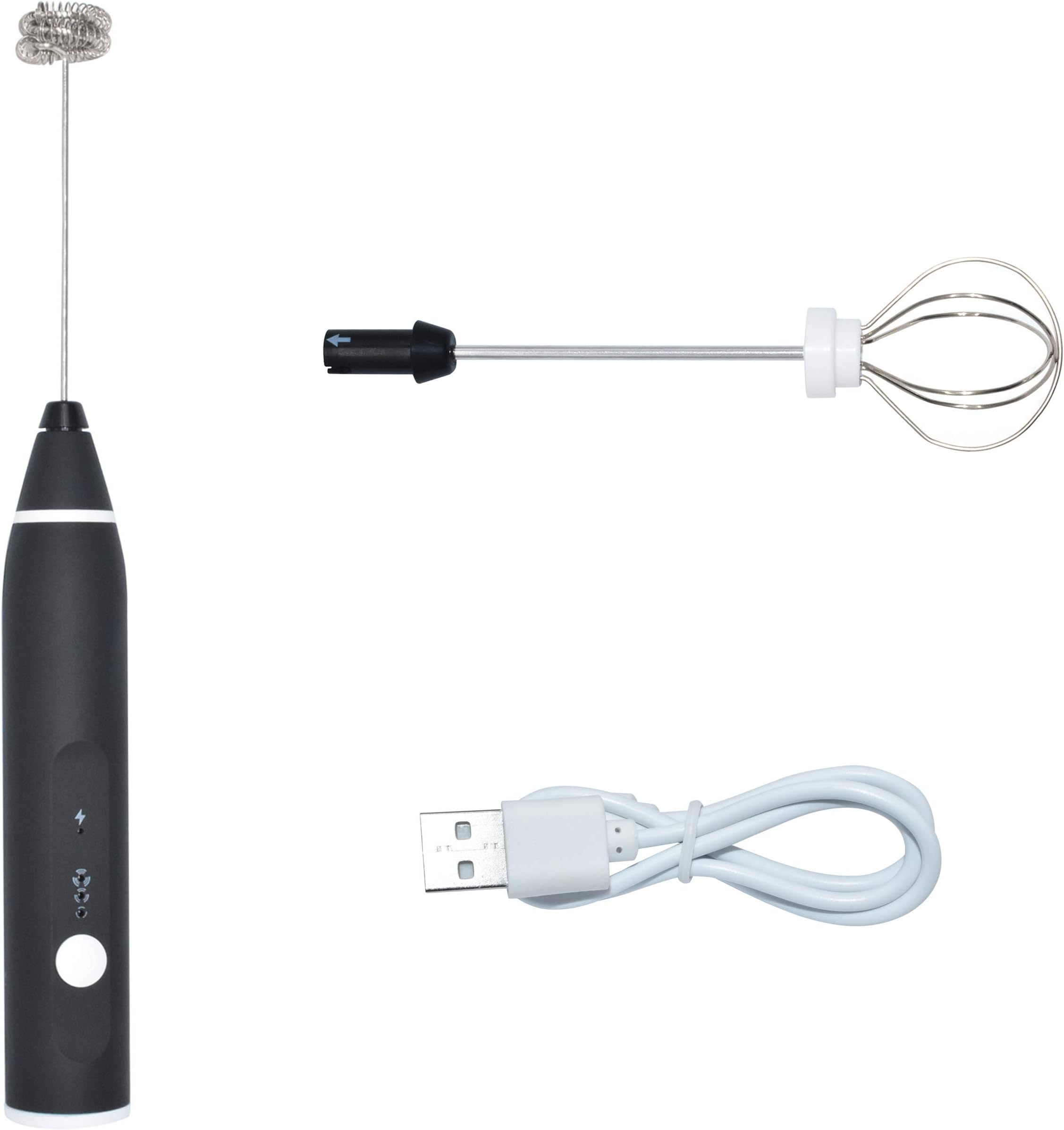 Hapiso Milk Frother, Electric Milk Frother Egg Mixer Rechargeable Handheld Coffee Frother with 2 Whisk Heads, 16 Stencils-Black
