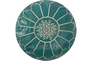 KENZADI Genuine Leather Ottoman Pouf Cover Hand Stitched in Marrakech by Moroccan Artisans, Footstool, UNSTUFFED (Turquoise by Beige)