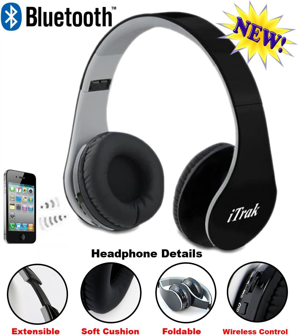 iTrak Wireless Bluetooth Headphone; Over Ear; Foldable; Noise Canceling; Audio Streaming & Call Microphone + USB Charging & Aux in Cable BTH024MO - Black