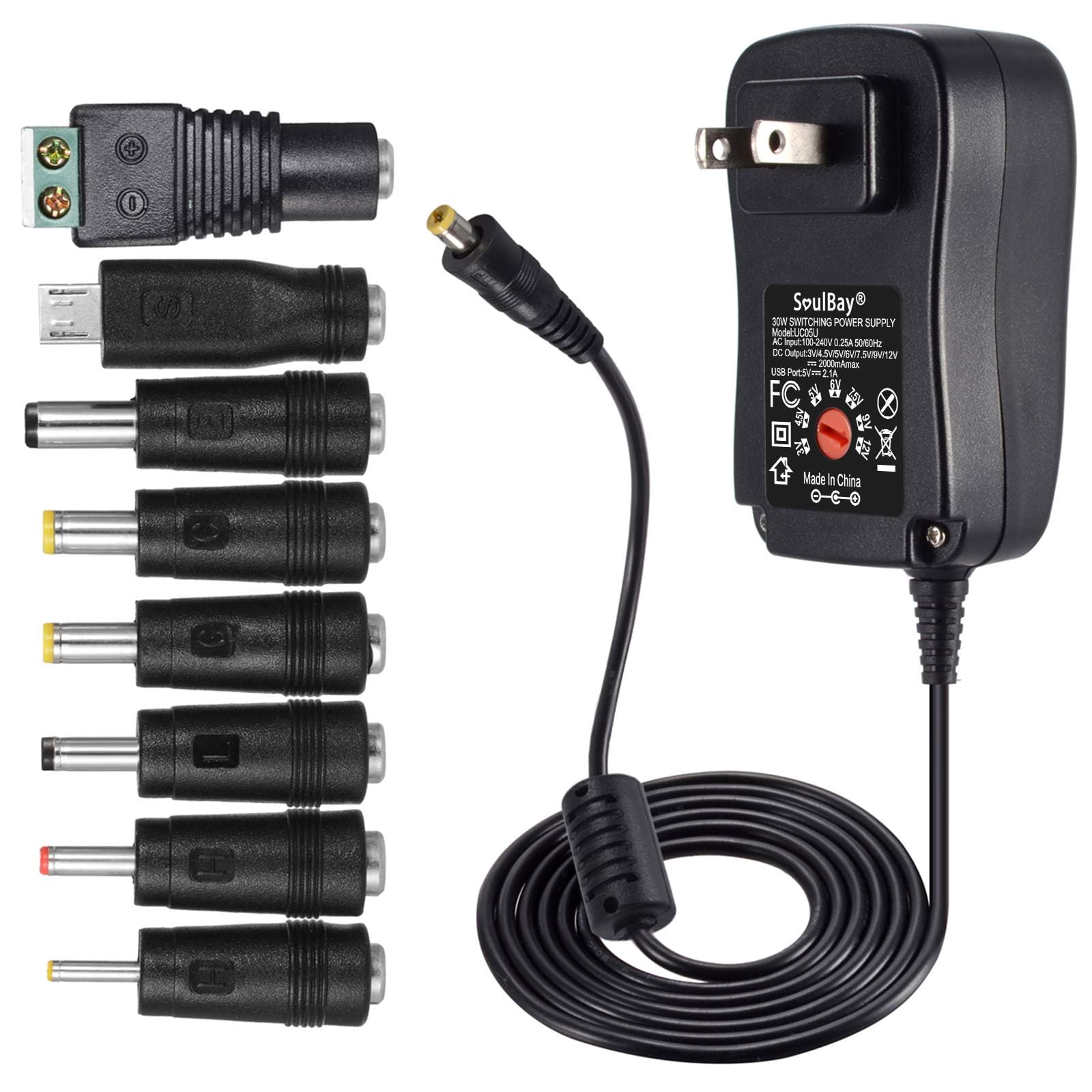 Photo 1 of SoulBay 12V Power Supply Universal AC DC Adapter Charger with Adjustable Output 5V 9V 3V 6V 4.5V 7.5V 12 Volt 1A 1.5A 2A for LED Strip Light CCTV Camera BT Speaker GPS Webcam Router, 5 FT Cord, 30W