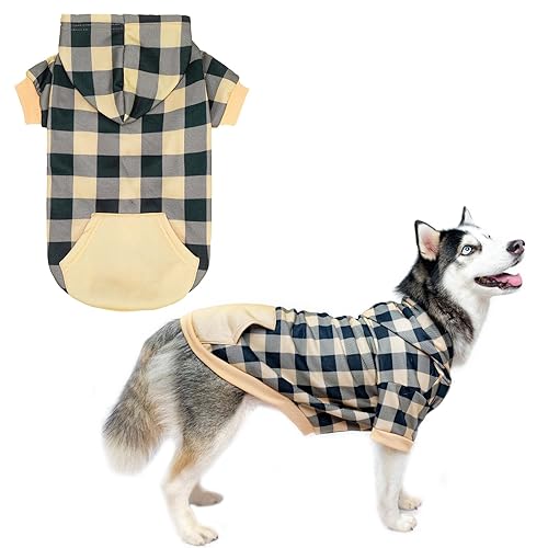 KOOLTAIL Plaid Dog Hoodie Pet Clothes Sweater with Hat and Pocket for Small Medium Large Size Dogs, Soft Winter Warm Dog Cold Weather Coat, Fleece Fall Dog Hooded Sweatshirt for Puppy Cats, Beige XL