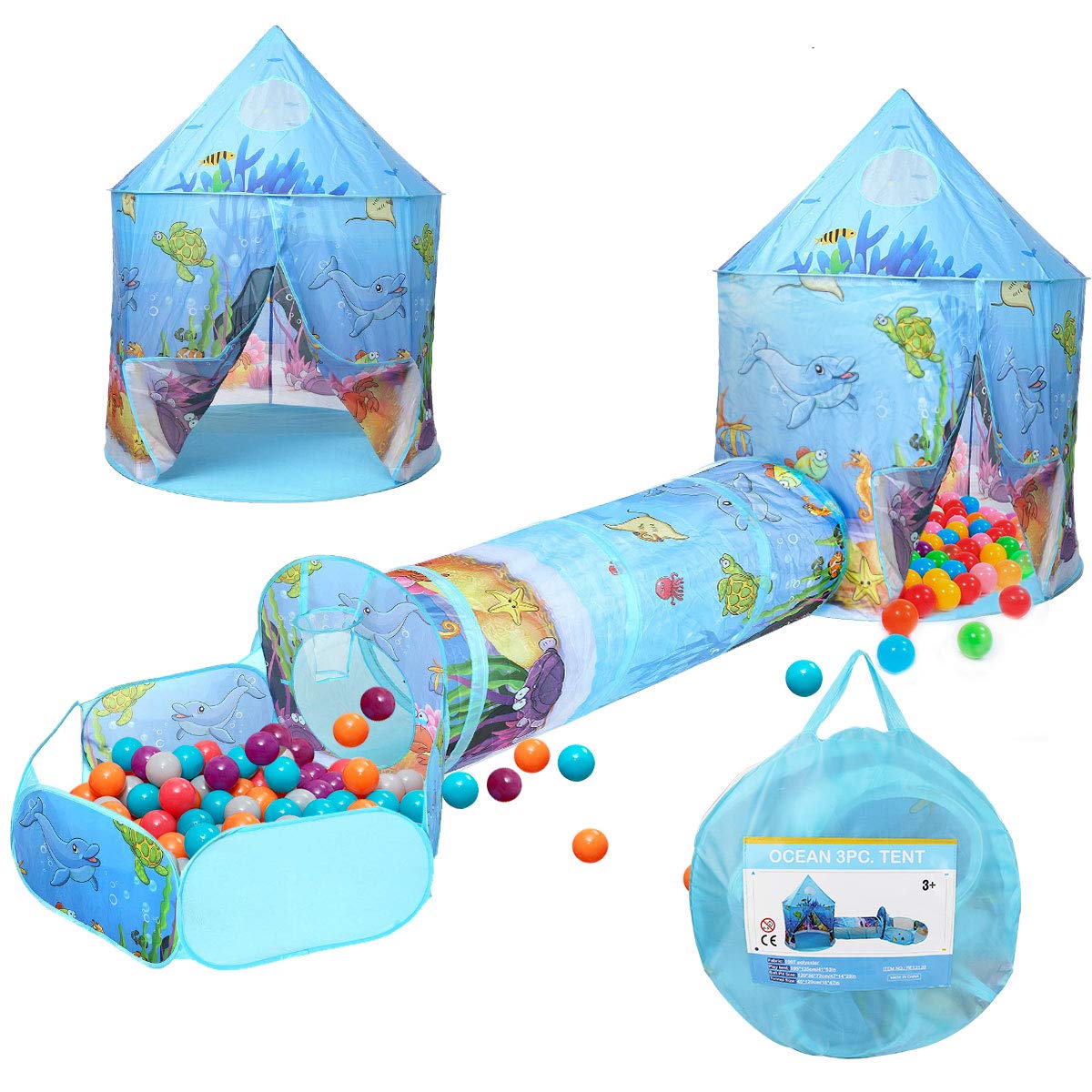 3 in 1 Kids Play Tent Crawl Tunnel Ball Pit with Ball Hoop Ocean Cartoon Pop Up Playhouse Tent Indoor Outdoor Use Kids Toys Gifts for Children Baby Girls Boys Toddlers (Balls Not Included)