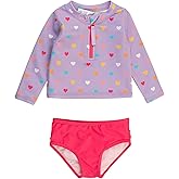 RuffleButts® Baby/Toddler Girls Long Sleeve Rash Guard 2 Piece Swimsuit Set w/UPF 50+ Sun Protection with Zipper