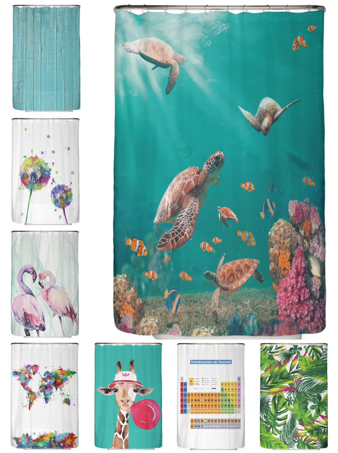 arteneur® - Sea turtles - anti-mould shower curtain 120 x 200 cm - recycled with Öko-Tex Standard 100 - weighted hem, opaque, waterproof, washable, 8 hooks and e-book (English language not guaranteed) — image 1
