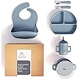 mimi & kiki BPA-Free Silicone Baby Feeding Set, Baby Plates and Bowls Set, Baby Led Weaning Supplies, Silicone Suction Plate, Baby Utensils, Bib and Cup, Self Feeding, Dishwasher Safe (Blue)