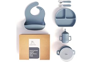 mimi & kiki BPA-Free Silicone Baby Feeding Set, Baby Plates and Bowls Set, Baby Led Weaning Supplies, Silicone Suction Plate, Baby Utensils, Bib and Cup, Self Feeding, Dishwasher Safe (Blue)