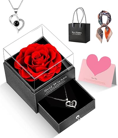 GOICC Preserved Rose with I LOVE YOU Necklace Gift Box for Her