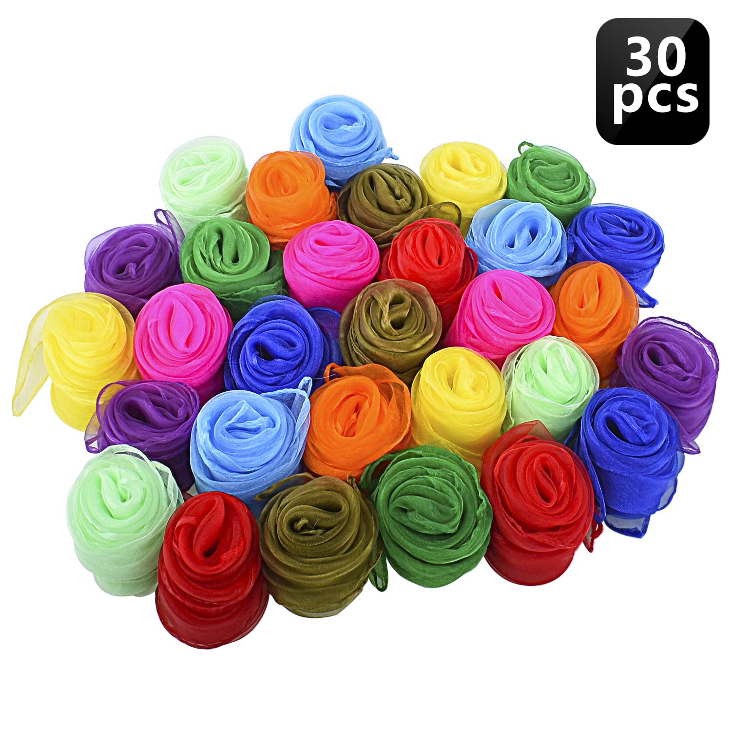 Blovec Juggling Silk Scarves, 30 pcs Square Dance Scarf Magic Movement Scarves Performance Props Accessories 24 by 24 Inch in 10 Colors