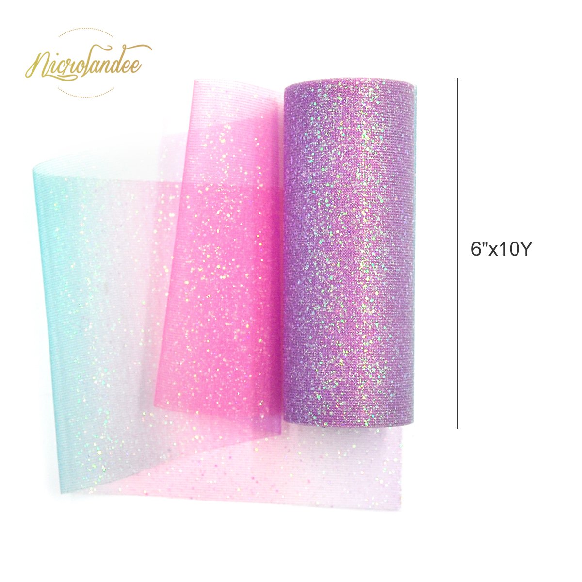 NICROLANDEE Rainbow Glitter Tulle Rolls 6 inch x 10 Yards (30 feet) Shimmer Color for Table Runner Chair Sash Bow Pet Tutu Skirt Sewing Crafting Fabric Wedding Baby Shower Birthday Ribbon