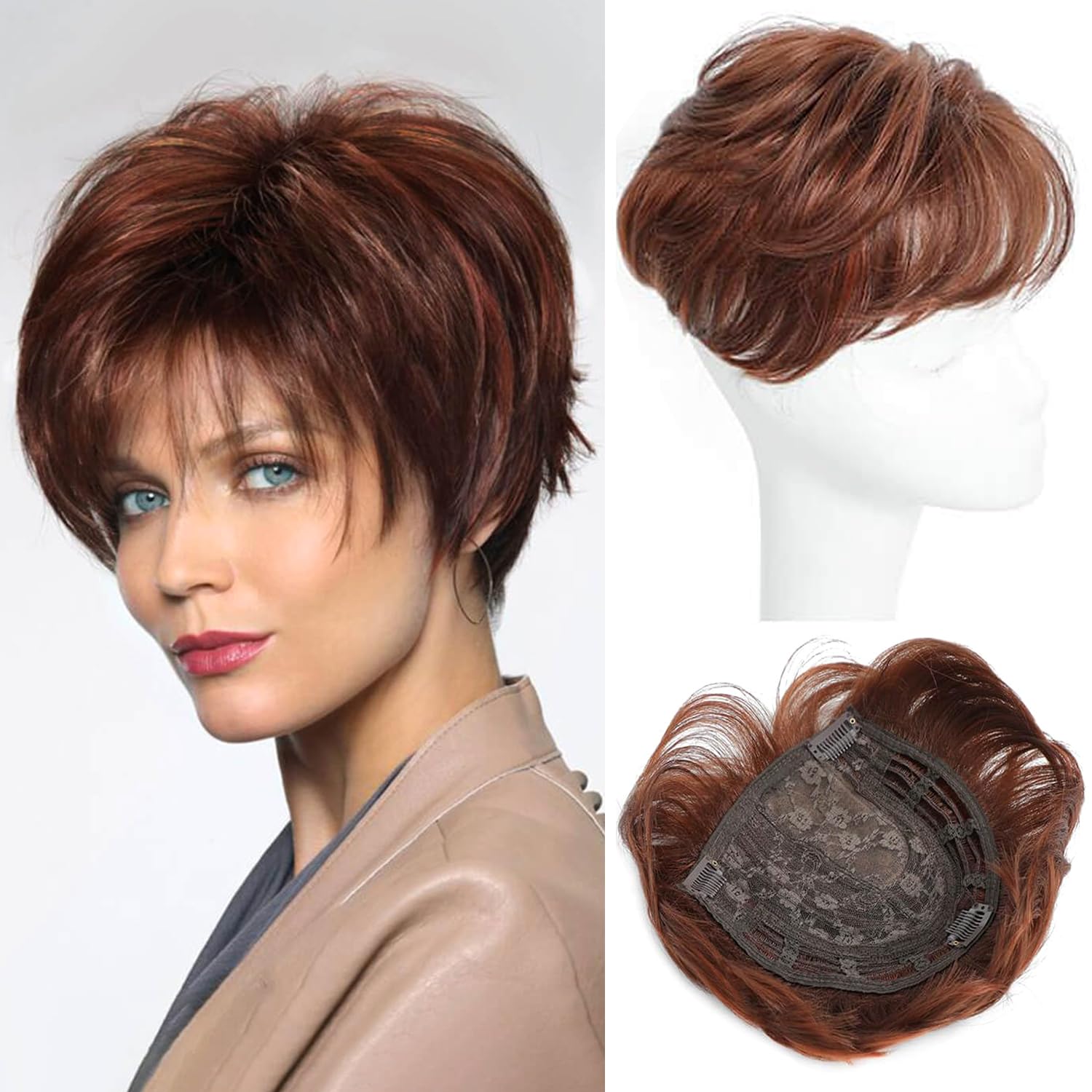 PORSMEER Hair Topper 6.8" x 7" Pixie Cut Short Hair Toppers for Women Fluffy Synthetic Hair Topper Clip in Top Wavy Hair Pieces Auburn Replacement Wiglets (Copper Brown)