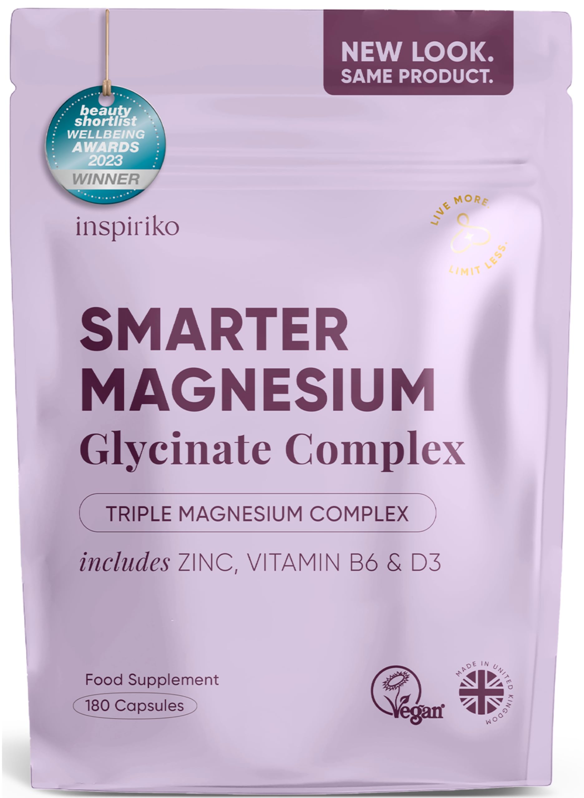 Inspiriko 6-in-1 Magnesium Supplements for Women (3 Month Supply) 1600mg Triple Magnesium Complex with Citrate, Malate & Glycinate, Zinc, B6 & D3, 180 Capsules