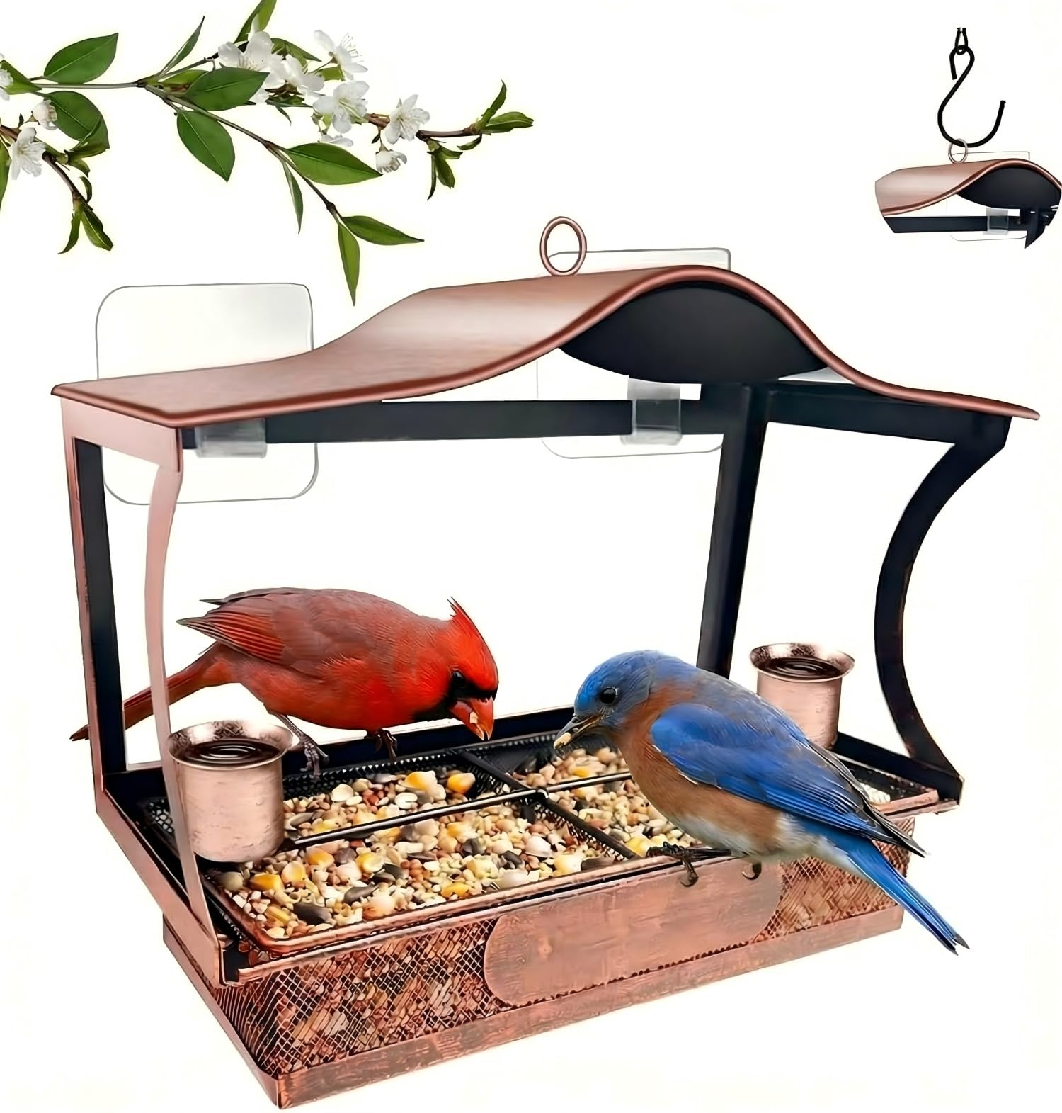 Window Bird Feeder, Metal Window Bird Feeder with Strong Suction Cups, Bird Feeders for Small Birds, Removable Tray with 2 Water Cups, Easy Clean and Fill