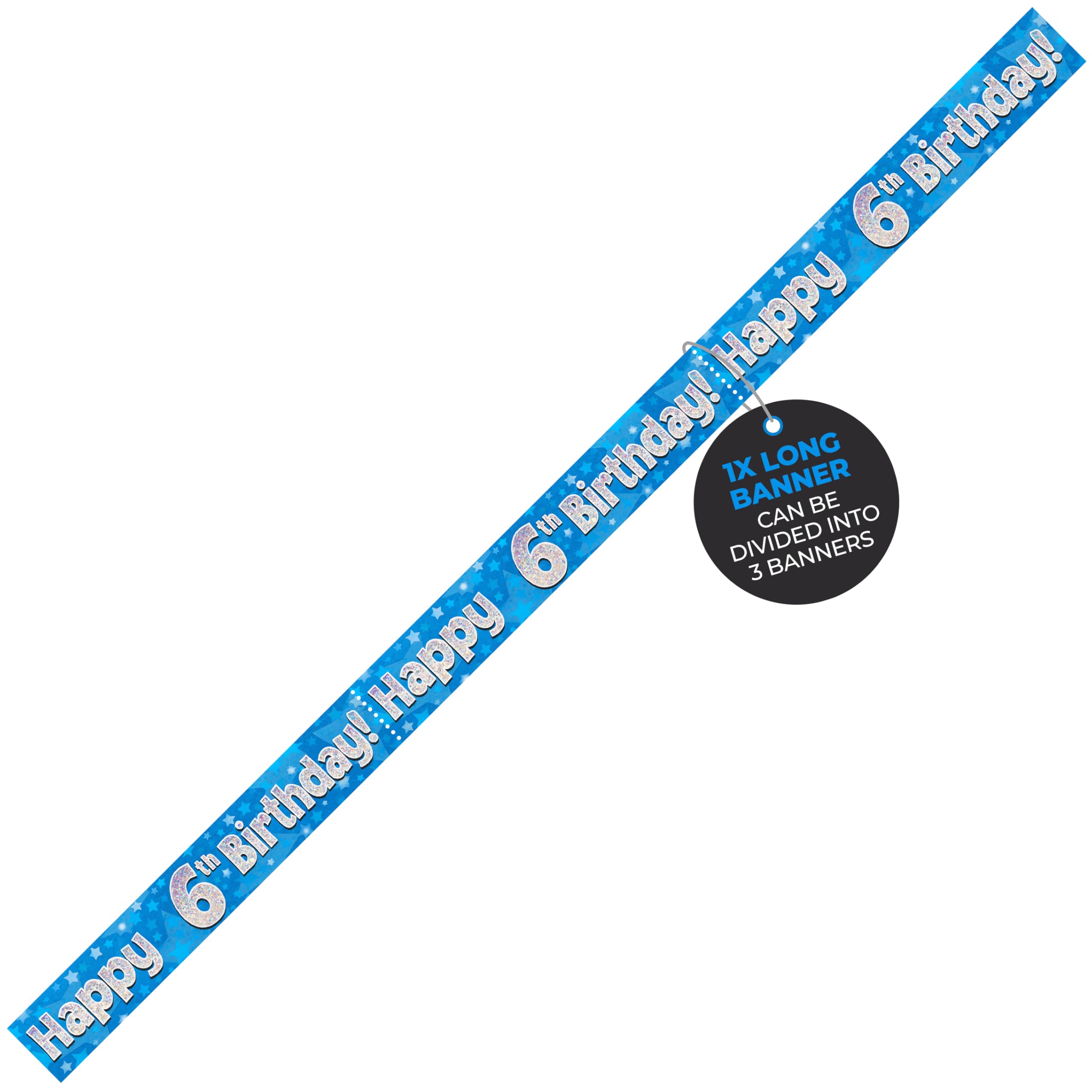 British Ballet® 6th Birthday Banner (2.7m x 13cm) • Holographic Party Decoration • Age 6 Foil Pennant • 3 x 90cm Banners • Indoor & Outdoor Use • Blue Birthday Banner for Kids Boys & Girls