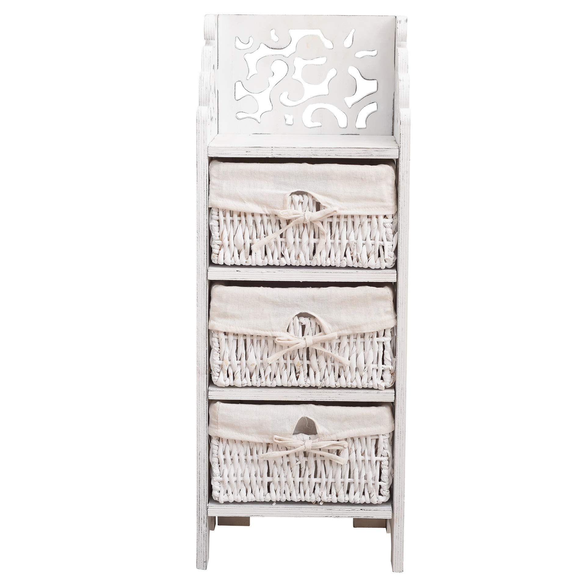 Rebecca Mobili Bedside Table Chest of Drawers 3 Drawers Wicker Pine White Gray Shabby Room Entrance - 78 x 28,5 x 22 cm (H x W x D) - Art. RE4296
