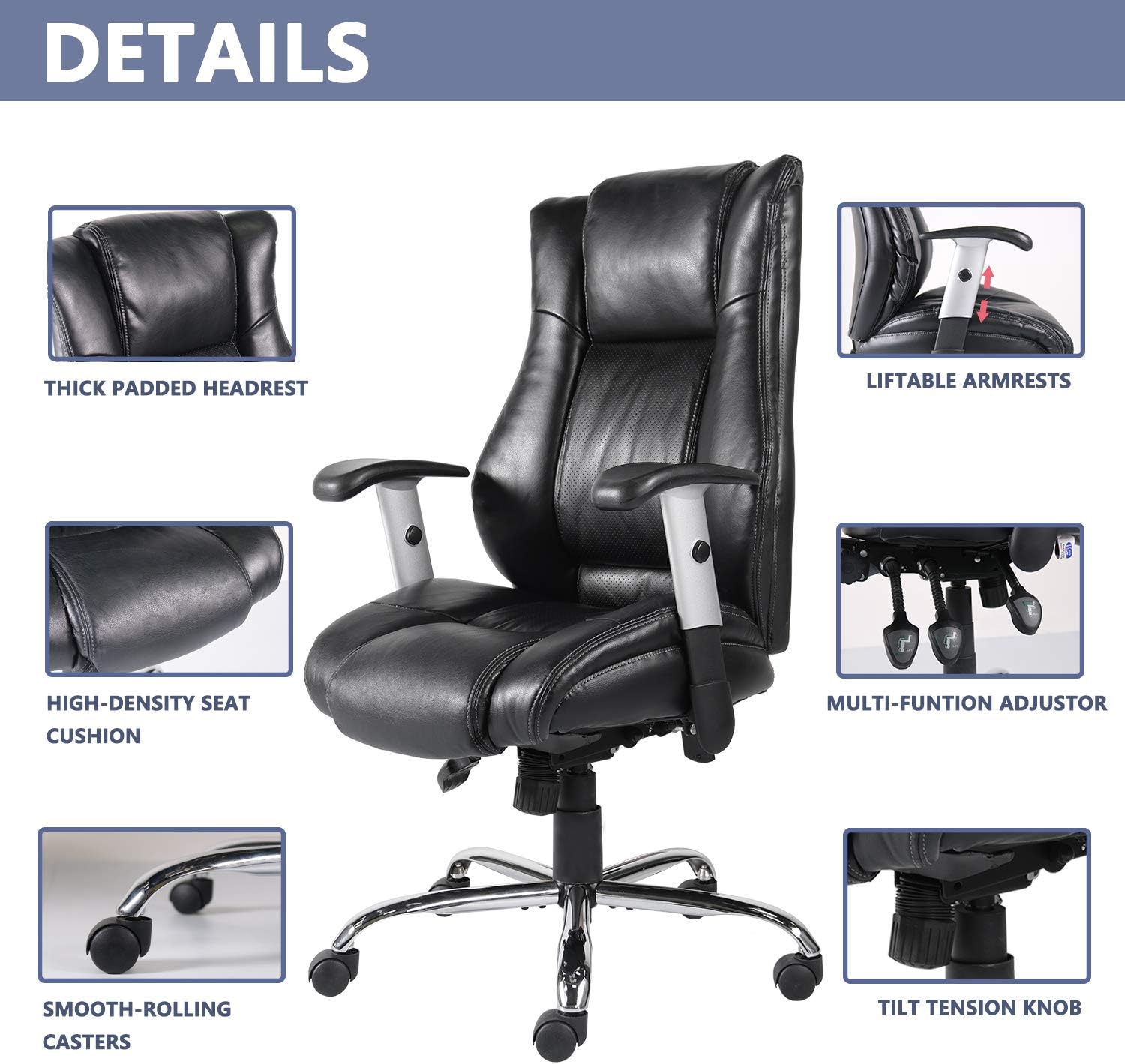 Smugdesk High Back Bonded Leather Executive Office Chair with Adjustable Backrest and Armrest, Black: Furniture & Decor