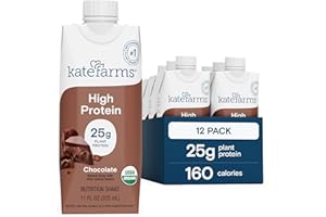 KATE FARMS Organic High Protein Chocolate Nutrition Shake, 25g Protein, 6g Fiber, 27 Vitamins and Minerals, 0g Sugar, Protein Drink, 11 oz (12 Pack)