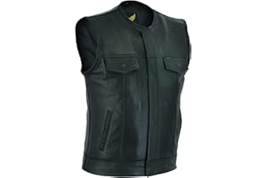Leatherick Mens Black Motorcycle Vests - Top Grain Cow Leather SOA Club & Traditional Paisley Satin Liner Leather Biker Vests