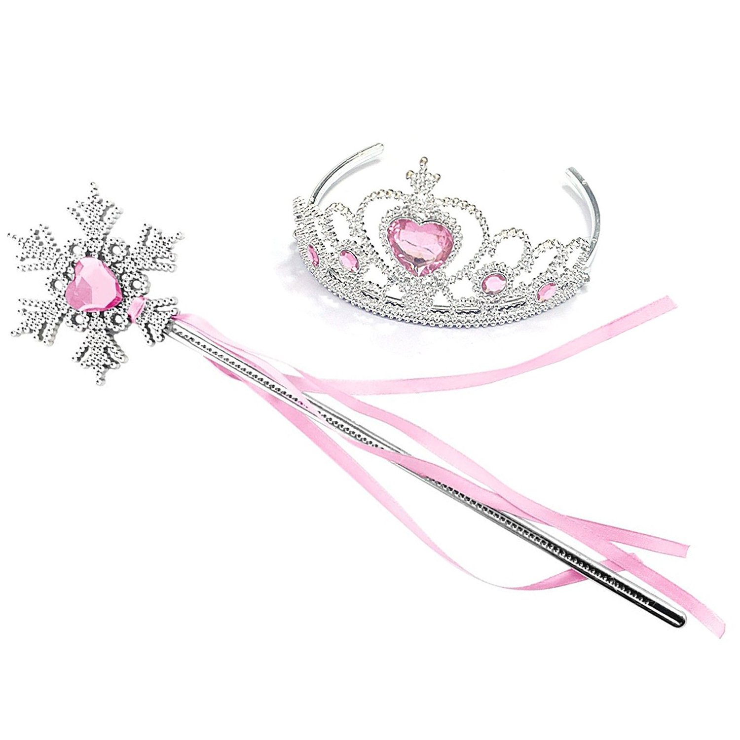 Kuzhi Princess Queen Crown Tiara and Wand Set – Silver Heart Jewel (Light Pink,Snowflake Wand)