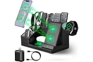 LADSTAG Black Leather Desk Organizer With Charging Station,Office Supplies Desk Accessories,Pen Holder for Desk,Remote Control Holder,Desk Organizer With Phone Charger,Nightstand Desktop Organizer