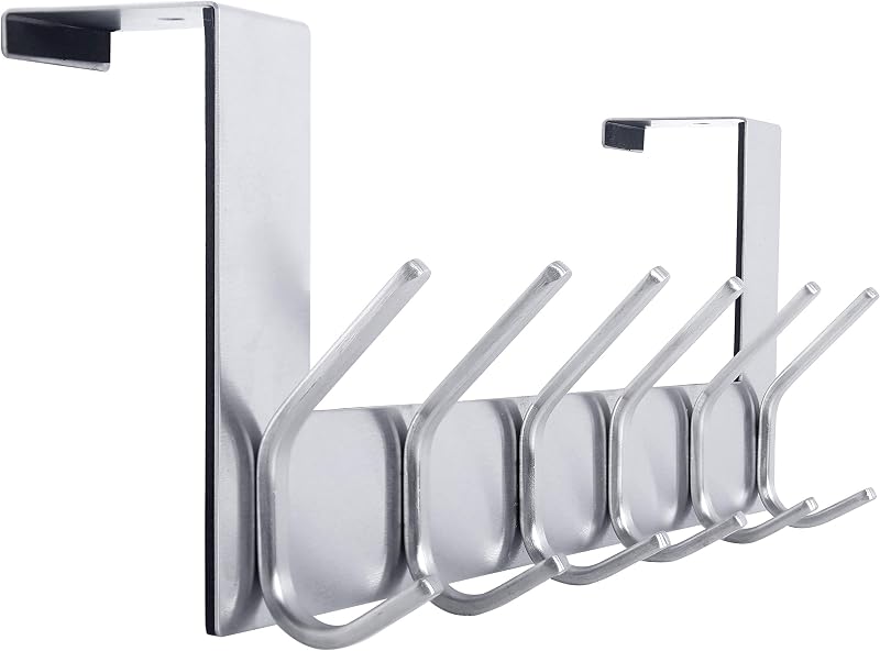 WEBI Over The Door Hook 6 Hook Towel Rack Silver 3.5-4.5 cm Thick Doors