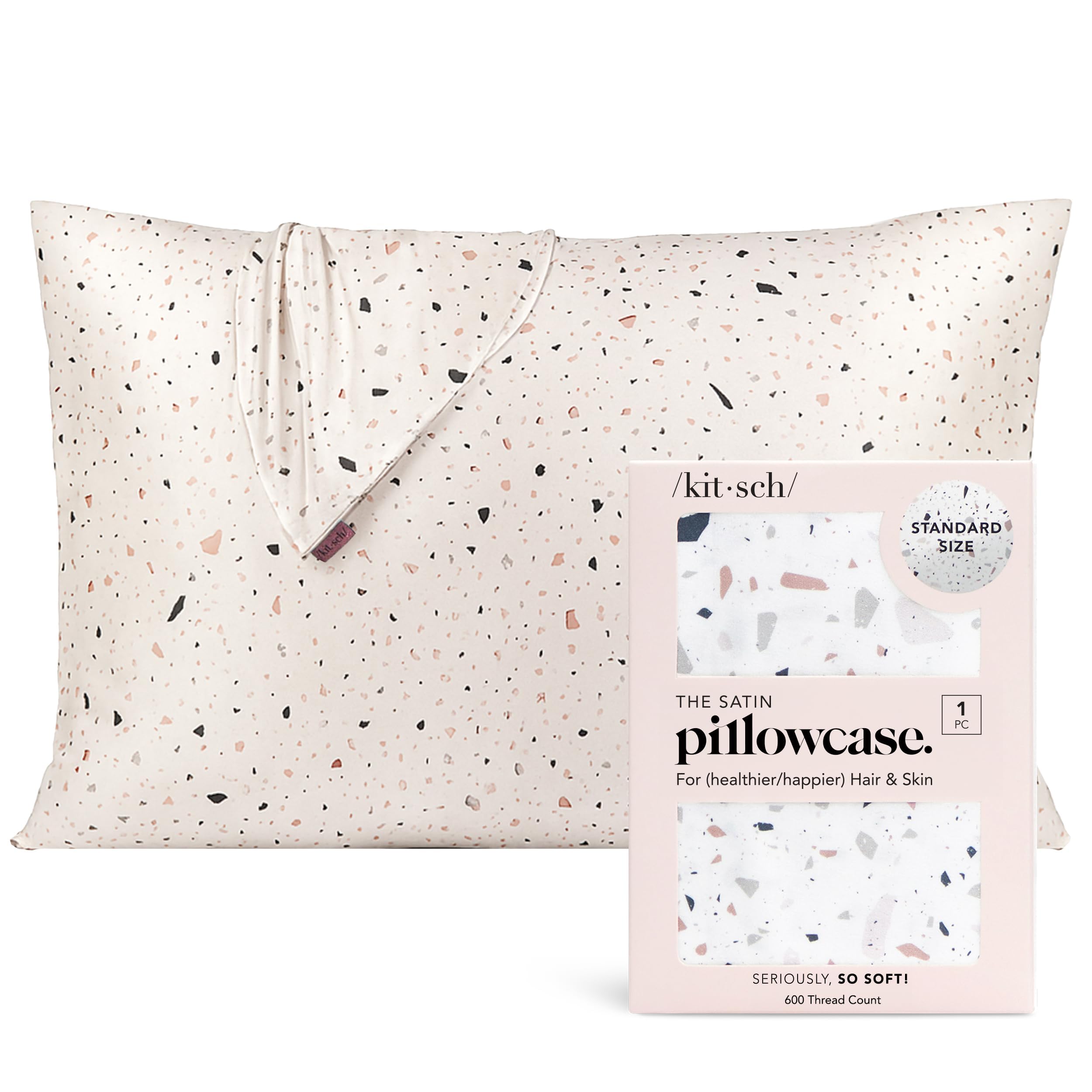 Kitsch Satin Pillowcase for Hair & Skin - Softer Than Silk Pillow Cases, Smooth Cooling Satin Pillow Case, Wrinkle-Free, Machine Washable, Pillow Cases Standard Size 48x66 cm, White Terrazzo