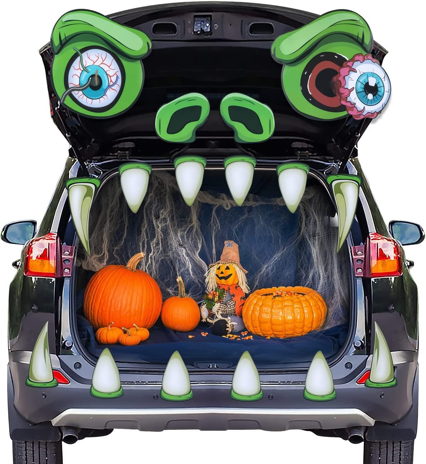 Garage Door Decorations - Hxezoc Halloween Trunk or Treat Car Decoration Mad Monster Face with Eyes Fangs Nostrils, Outdoor Large Scary Zombie for Car, Garage Door, Halloween Haunted House Party Decoration (Green)