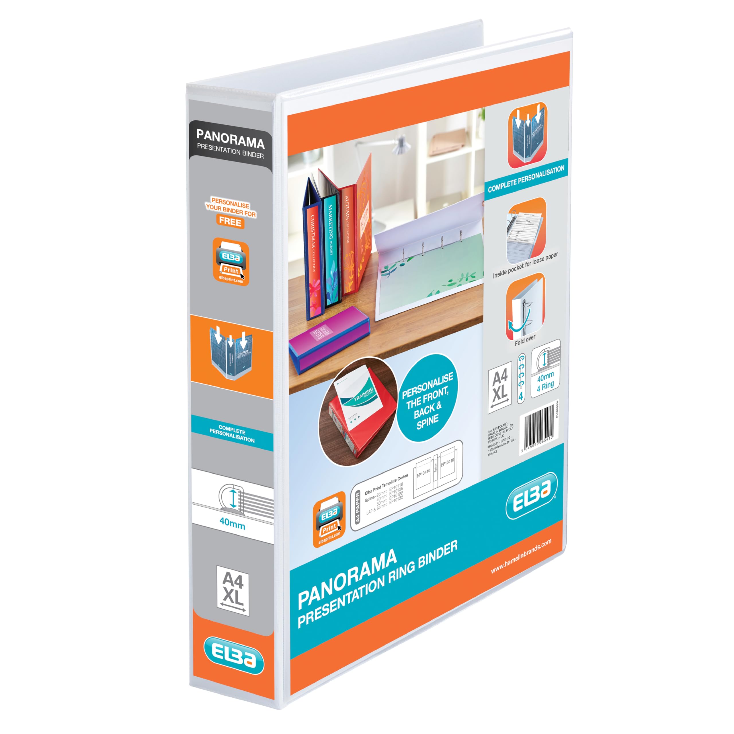 Elba A4 4 D-Ring Binder, 40mm capacity, 60mm spine, Presentation Folder with Customisable Cover, Portrait, White (Pack of 6) — image 1