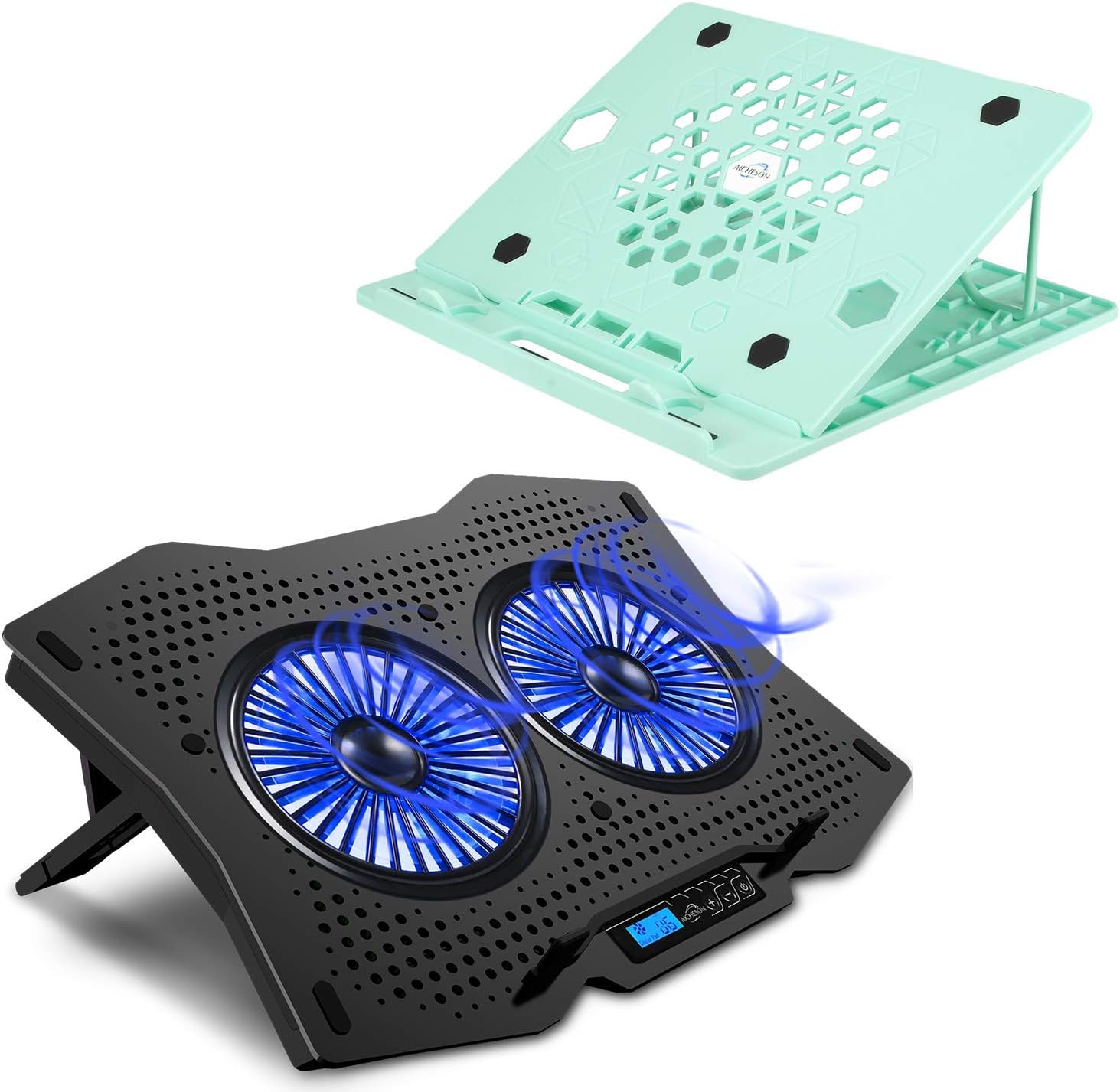 AICHESON X5 Green Laptop Stand and 2 Turbine Fans Laptop Cooling Cooler Pad Combination Set, Ergonomically Multiple Heights
