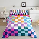 Feelyou Multicolored Checkered Retro Bedding Set Kids Boys Girls Geometric Vintage Comforter Set Full Size Rainbow Colorful Duvet Insert Modern Simple Groovy Aesthetic Room Decor