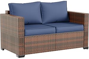 Amopatio Outdoor loveseat Furniture 2-Seat Wicker Patio Love seat, Small Patio loveseat with Water-Resistant Cover & Non-Slip Cushions, Premium Patio Set, Blue