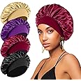4PCS Silk Bonnet for Sleeping,Elastic Wide Band Hair Bonnet Cap for Sleeping Curly Hair, Hair Wrap Satin Bonnets Shower Cap f