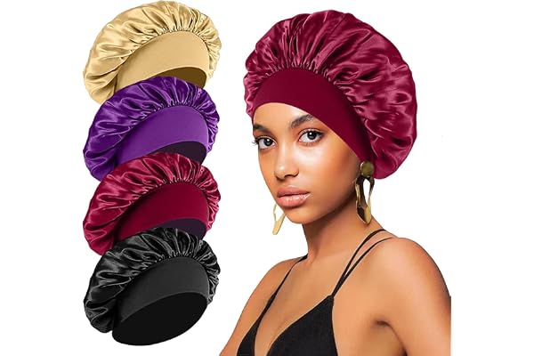 4PCS Silk Bonnet for Sleeping,Elastic Wide Band Hair Bonnet Cap for Sleeping Curly Hair, Hair Wrap Satin Bonnets Shower Cap f