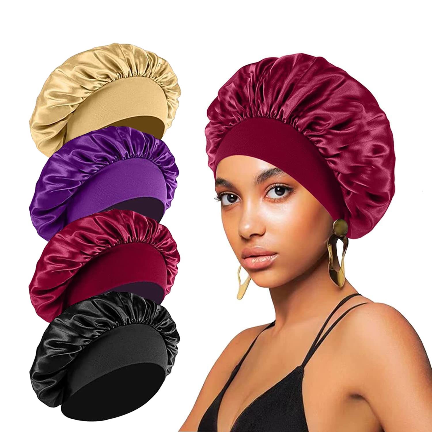 Photo 1 of 4PCS Silk Bonnet for Sleeping,Hair Wrap Satin Bonnets Shower Cap for Black Women Men, Elastic Wide Band Hair Bonnet Cap for Sleeping Curly Hair(Black & Wine Red & Purple & Brown)